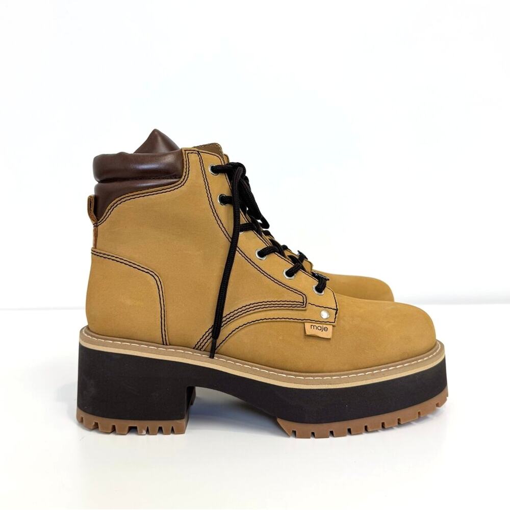 MAJE Camel Leather Nubuck Lace Up Platform Combat Boots 40 NEW Block Heel Shoes
